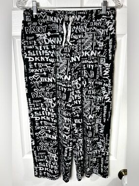 (READ)Y2K DKNY Capri Pants Capris Sleep Pants Sleepwear Black/White Streetwear S